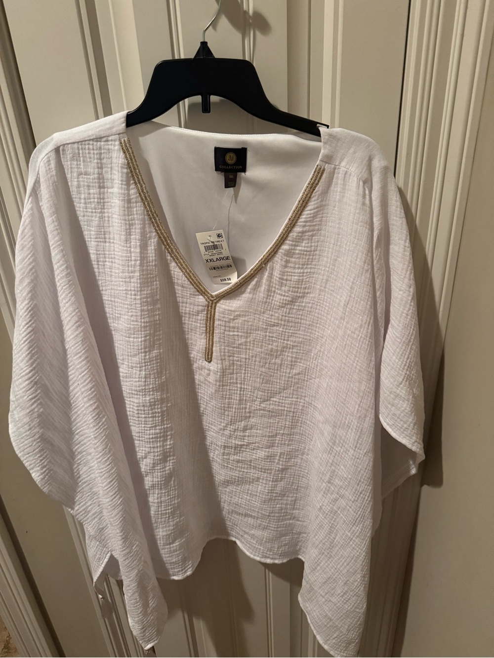JM Collection White Gauze V-Neck Tunic with Gold Beaded Trim
